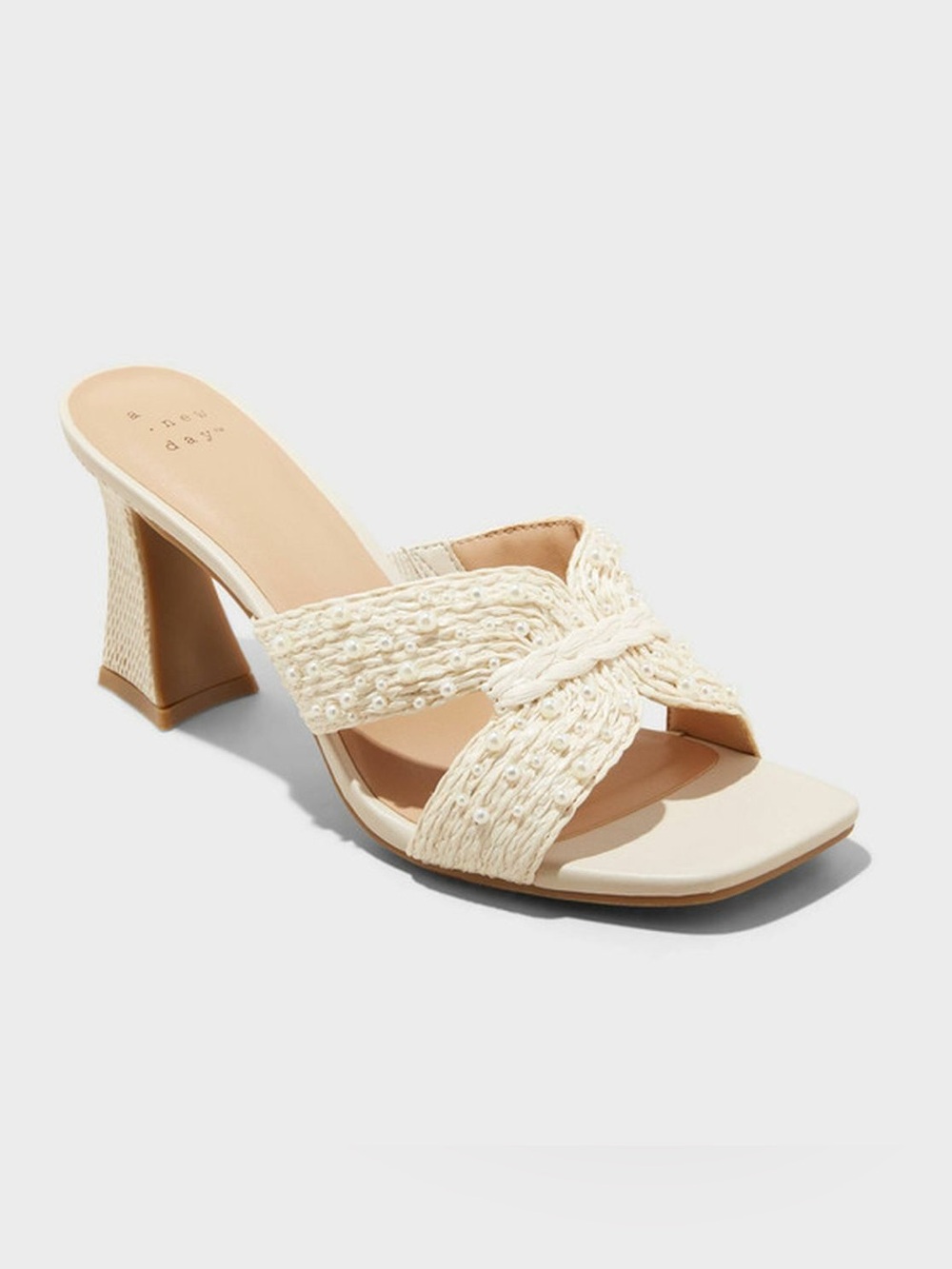 A NEW DAY Tia Braided Pearl-Trim Heeled Slide Mule in Cream